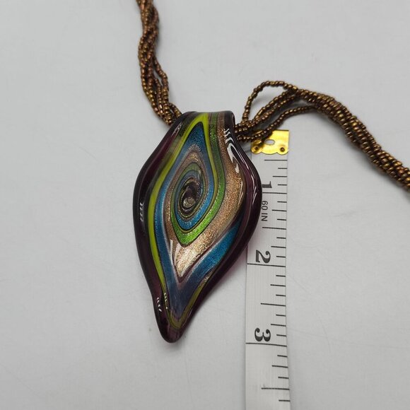 Handcrafted Murano Glass Pendant Necklace With Multicolor Swirl Brown Cord - Picture 7 of 7